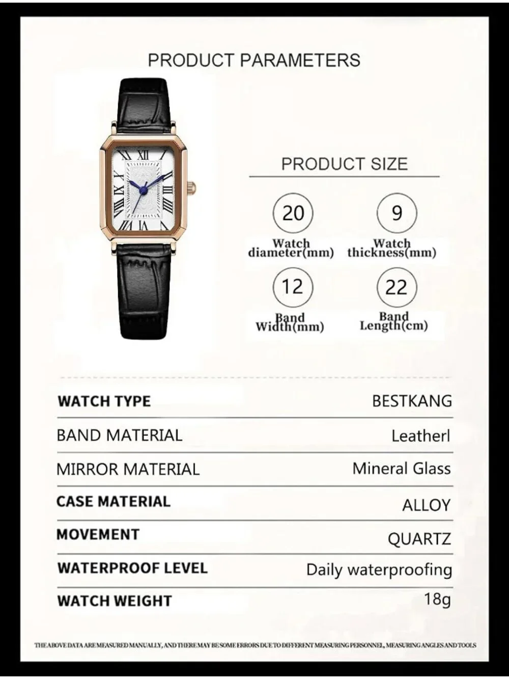 Women's Black Rose Gold White Leather Strap Elegant Vintage Rectangle Wristwatch